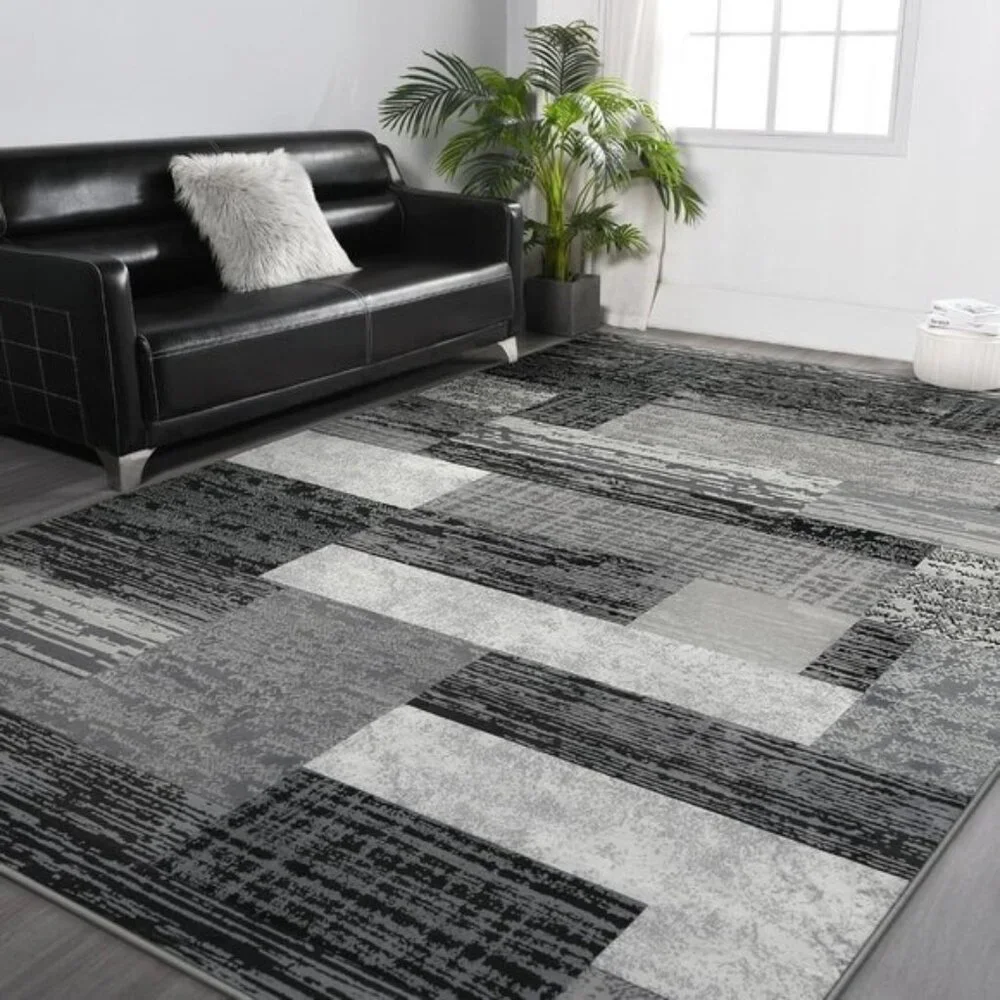 New 5x8 Grey Geometric Area Rug, Modern Patchwork Carpet for Home & Room Decor